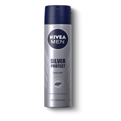 Front view of Nivea Men Silver Protect anti-perspirant spray can labeled Quick Dry and 48H on a white background