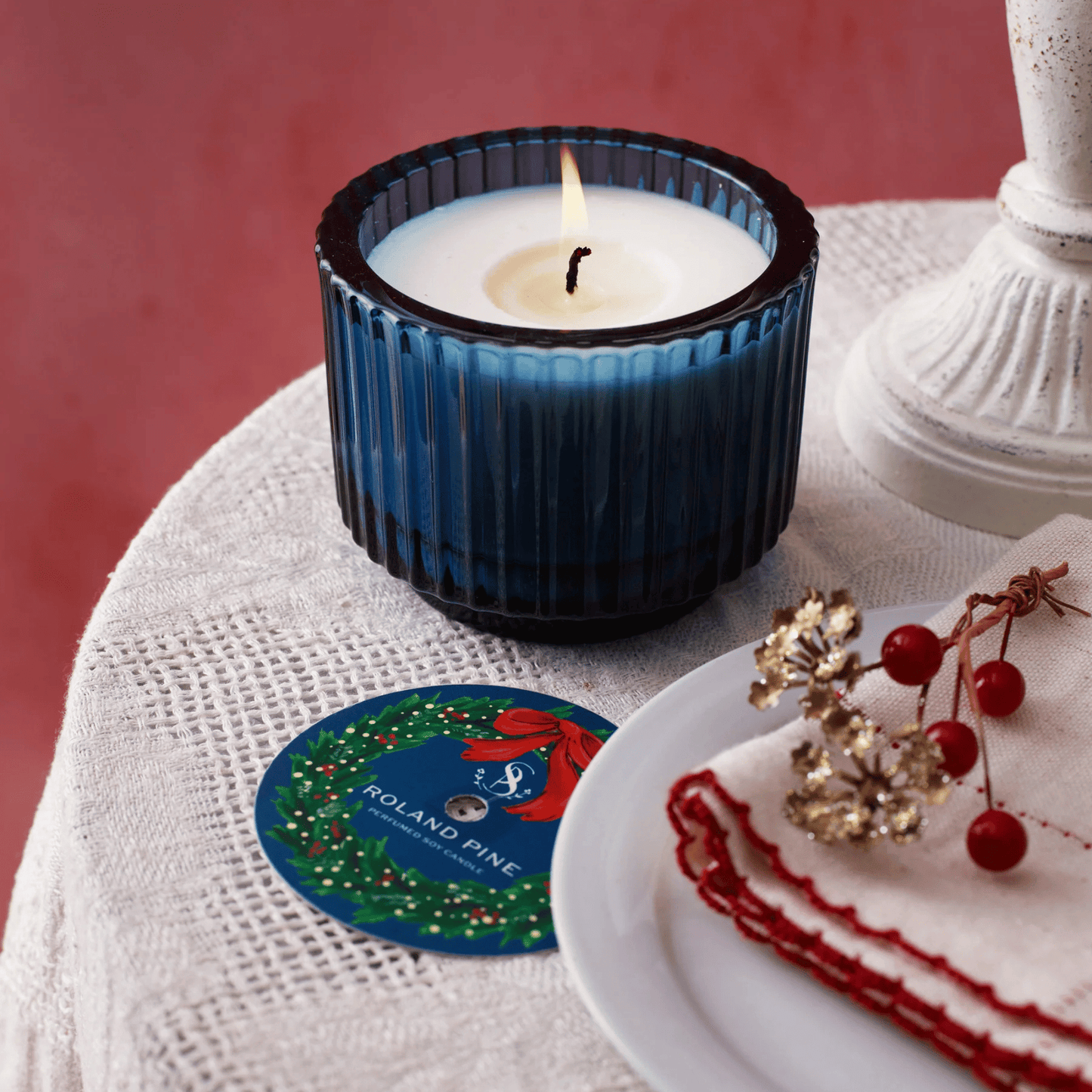 Alternate Image of Home for the Holidays Roland Pine Blue Ribbed Candle