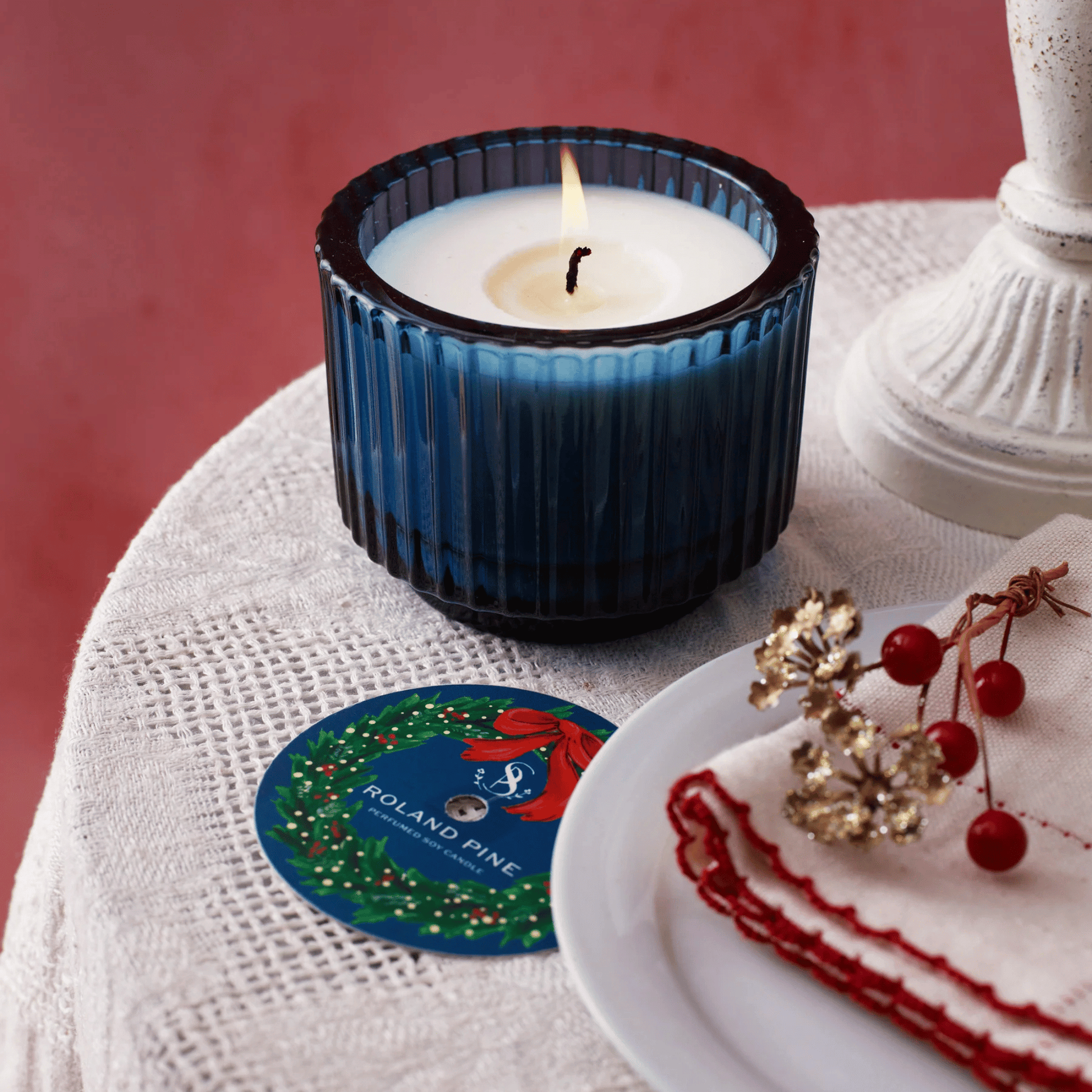Alternate Image of Home for the Holidays Roland Pine Blue Ribbed Candle