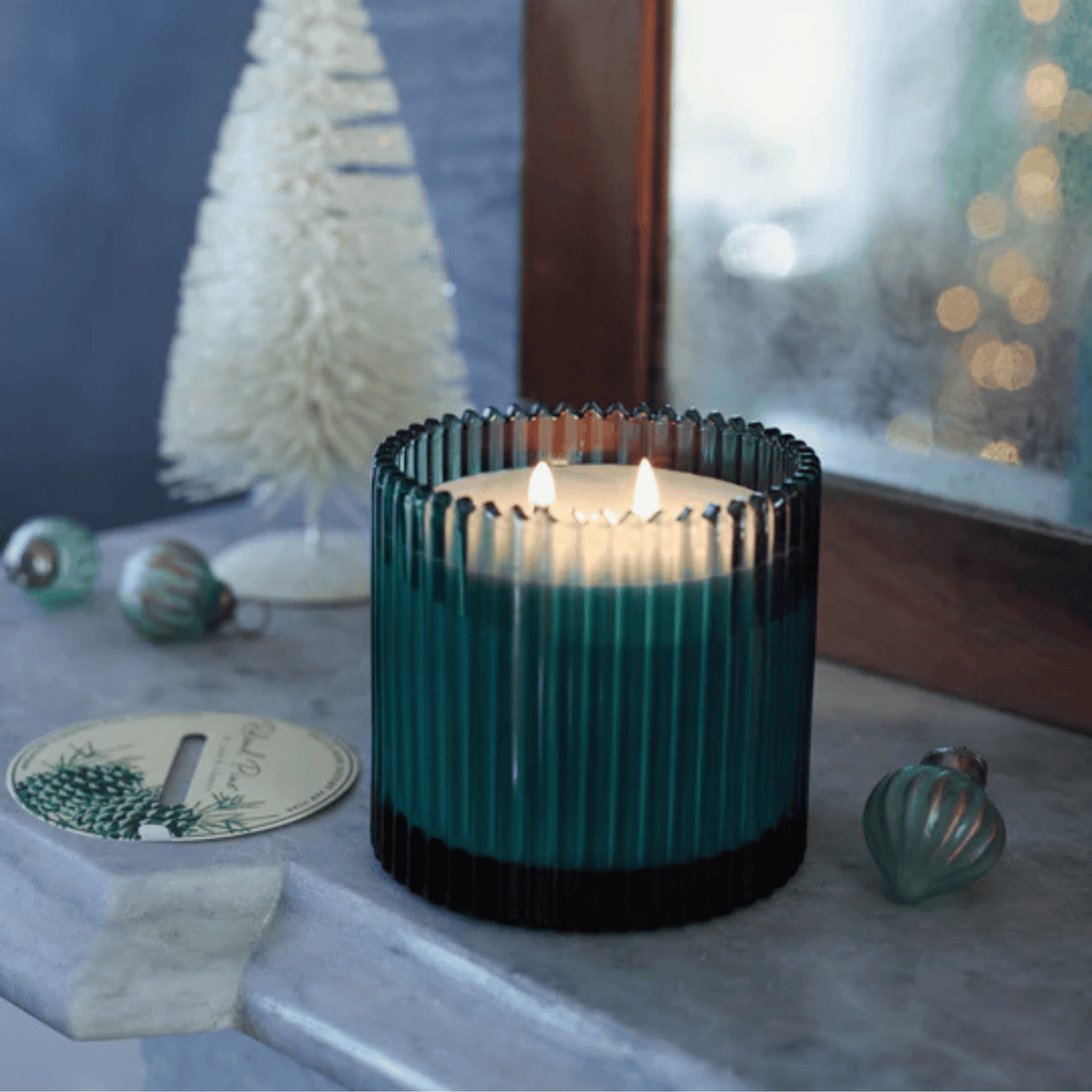 Alternate Image of Roland Pine Ribbed Glass Candle Lg.