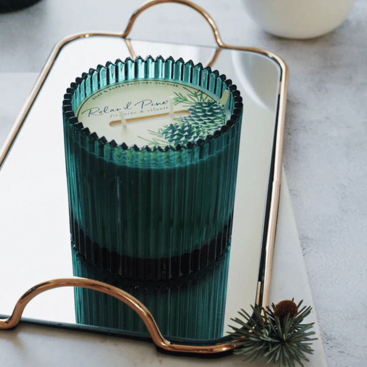 Alternate Image of Roland Pine Ribbed Glass Candle Lg.