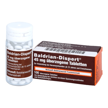 Alternate Image of Baldrian Dispert, brown supplement box and bottle with German writing