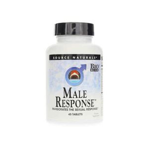 Front view of Source Naturals Male Response 45-tablet bottle showcasing its label and black cap on a white background