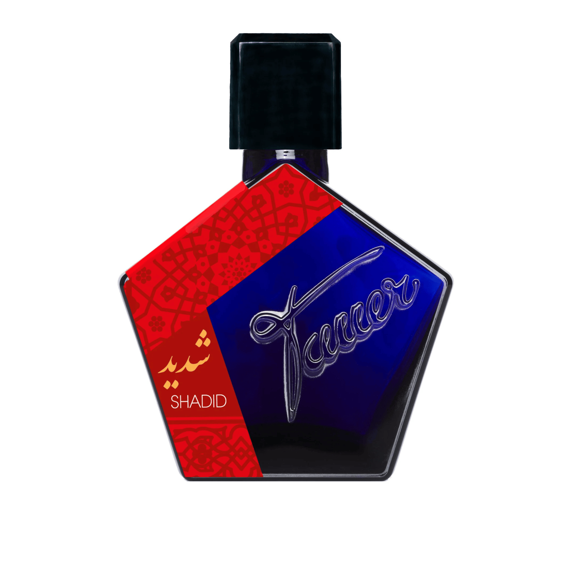 Primary Image of Tauer Shadid EDP, dark blue pentagon fragrance bottle with red label