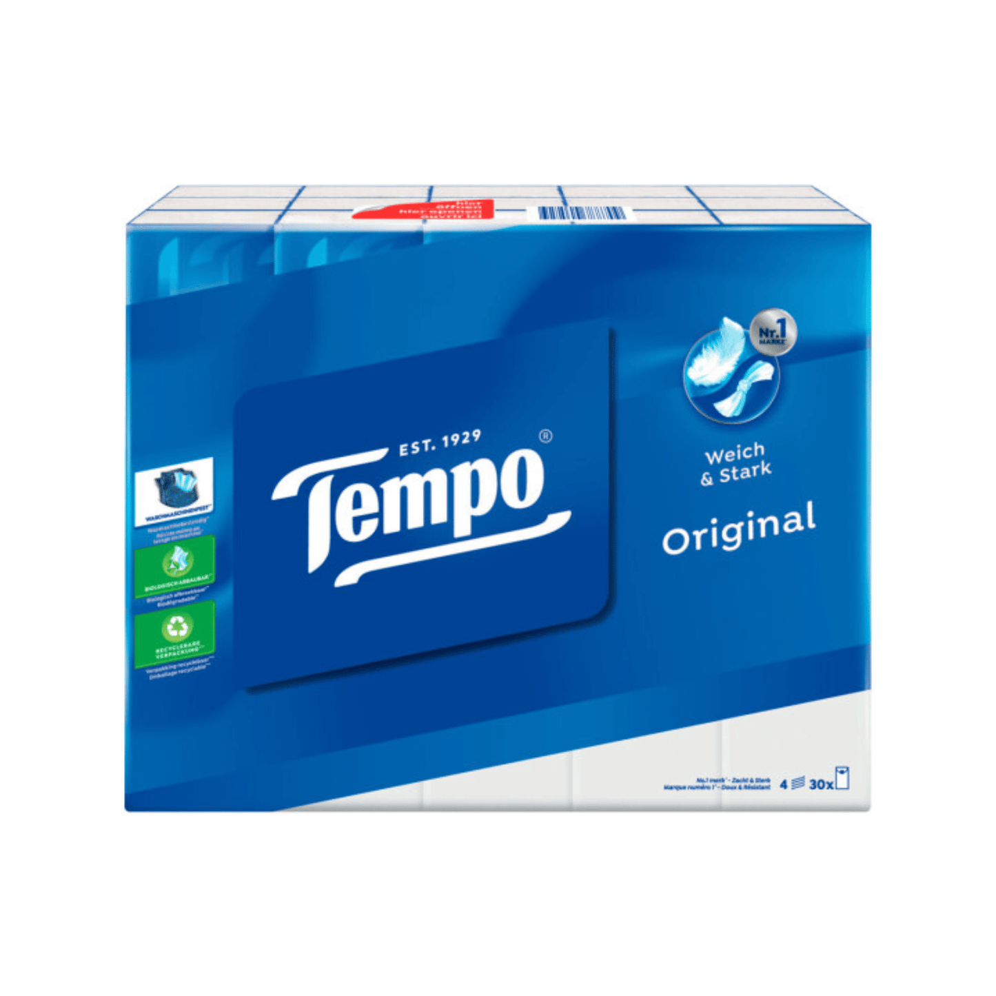 Primary Image of Tempo Tissues 30 pack, blue and white wrapped case of 30 packs of tempo tissues