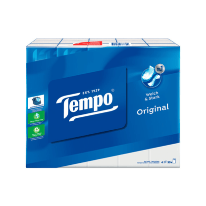 Primary Image of Tempo Tissues 30 pack, blue and white wrapped case of 30 packs of tempo tissues