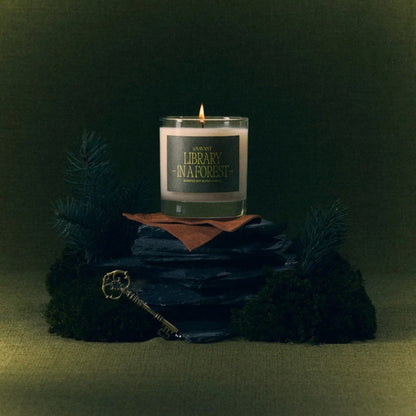 Alternate Image of Library In A Forest Candle, candle with dark green label