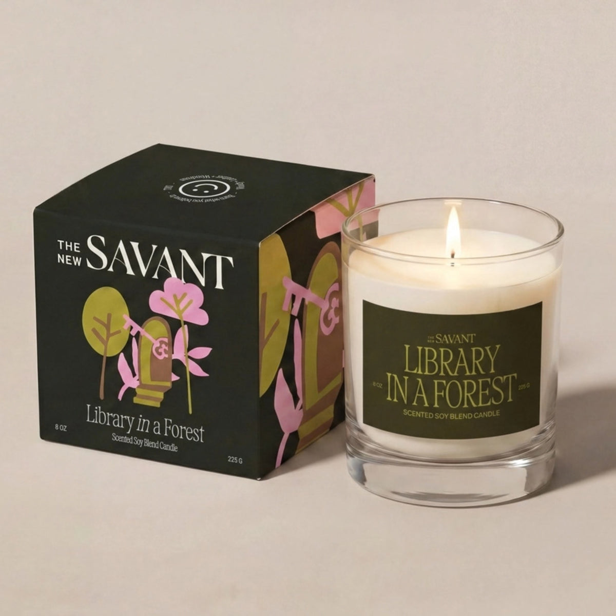 Alternate Image of Library In A Forest Candle, candle with dark green label and box