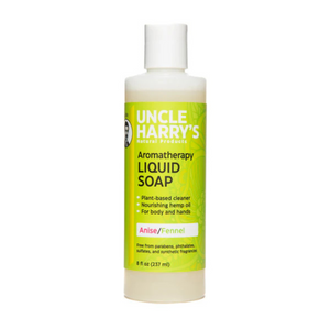 Front view of Uncle Harry’s Anise Fennel liquid soap bottle showcasing plant-based cleaner and hemp oil on white background