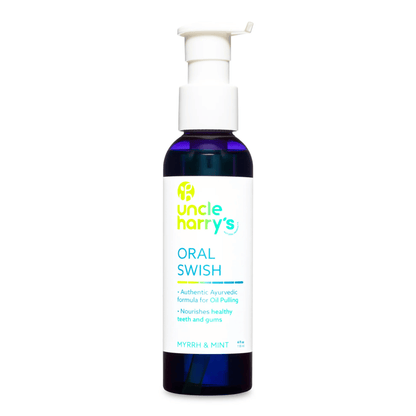 Primary Image of Oral Swish for Teeth + Gums, dark blue bottle with white label and pump top