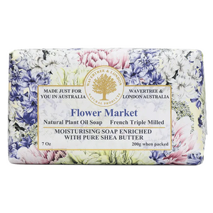 Front view of Wavertree & London Flower Market Bar Soap showcasing floral packaging and pure shea butter on white background