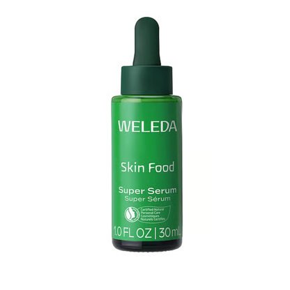 Front view of Weleda Skin Food Super Serum showcasing its green dropper bottle on a white background