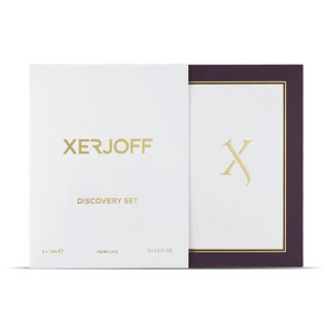 Front view of Xerjoff Discovery Set packaging showing three 15 milliliter perfumes in white and black boxes