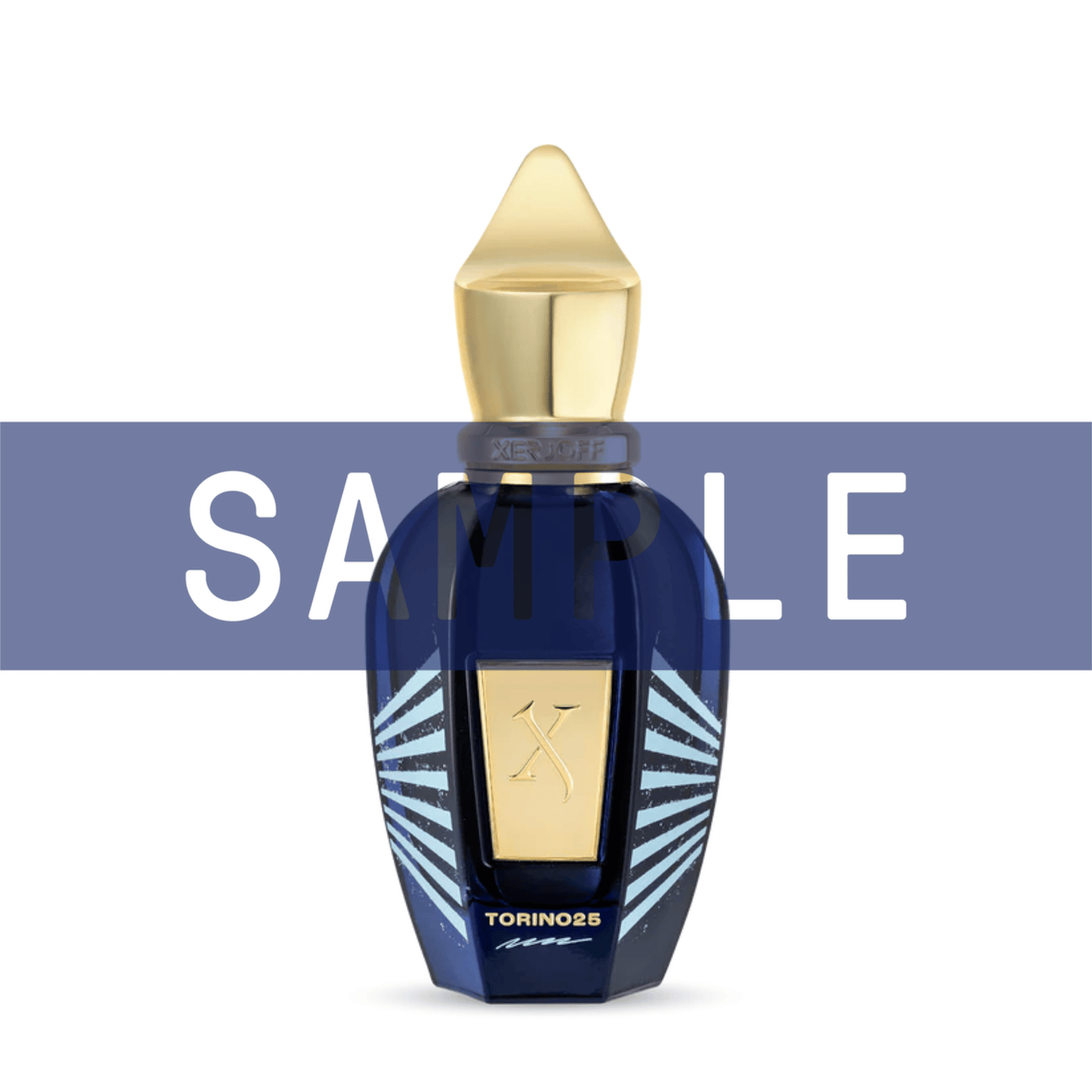Primary Image of Sample - Torino 25 EDP, blue perfume bottle with gold cap with sample written over it