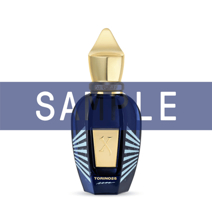 Primary Image of Sample - Torino 25 EDP, blue perfume bottle with gold cap with sample written over it