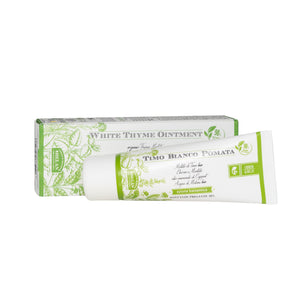 Front view of Helan Natural White Thyme Ointment tube showcasing botanical green artwork on a white background