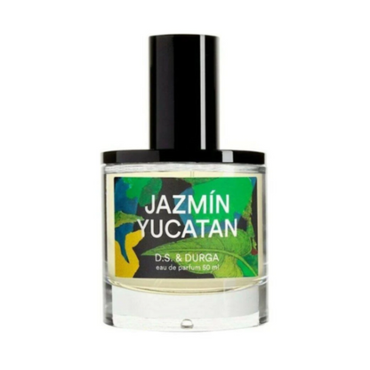 Front view of D.S. & Durga Jazmin Yucatan Eau De Parfum showcasing a colorful botanical label and black cap on a white background