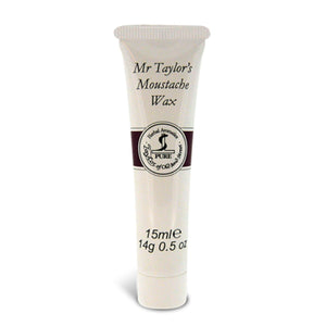 Front view of Mr. Taylor’s Moustache Wax tube showcasing its label and 15 ml, 14 g, 0.5 oz markings on white