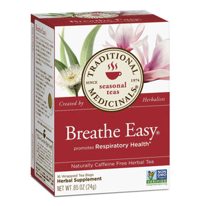Three-quarter view of Traditional Medicinals Breathe Easy herbal tea box showcasing naturally caffeine-free respiratory health herbal tea