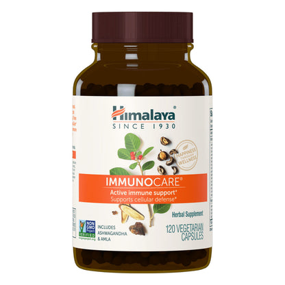 Front view of Himalaya ImmunoCare bottle showcasing 120 vegetarian capsules with a white background