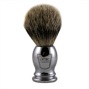 Front view of a Parker CHST Chrome Silvertip Badger Shave Brush showcasing its chrome handle and dense badger bristles on a white background