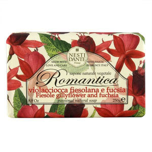 Front view of Nesti Dante Romantica natural soap bar showcasing gillyflower and fuchsia packaging with a white background