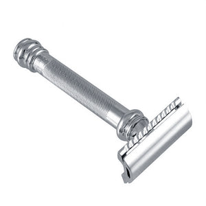 Angled view of 38C Barber Pole long-handle closed-comb safety razor showcasing its textured metal handle on a white background