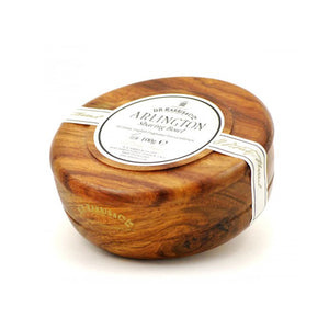 Three-quarter view of D.R. Harris and Co. Ltd. mahogany-effect sandalwood shaving soap bowl with round wood-grain design and white label