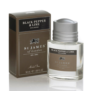 Front view of St. James of London Black Pepper and Lime Cologne showcasing its glass spray bottle and box on a white background