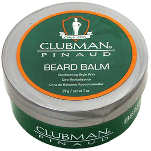 Front view of Clubman Pinaud Beard Balm tin showcasing green and silver packaging with a labeled lid on white background