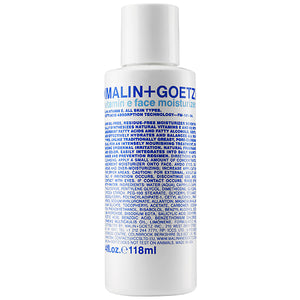 Front view of MALIN+GOETZ Vitamin E Face Moisturizer bottle with blue text label on white background