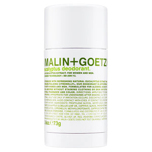 Front view of MALIN GOETZ Eucalyptus Deodorant showcasing its white stick container with green label on a white background