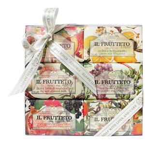 Front view of Nesti Dante Il Frutteto Collection showcasing six 5.3 ounce soaps in colorful fruit packaging with a ribbon