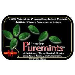 Front view of Meltzer’s Licorice Puremints Tin showcasing a black tin with green leaves and 1.7 oz label on white background