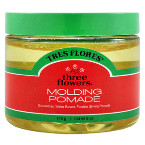 Front view of Three Flowers Molding Pomade in a clear jar with a green lid and red label