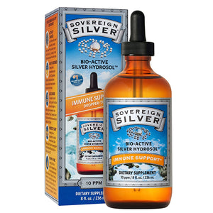 Front view of Sovereign Silver Immune Support Dropper-Top showcasing the dropper cap and matching box on a white background