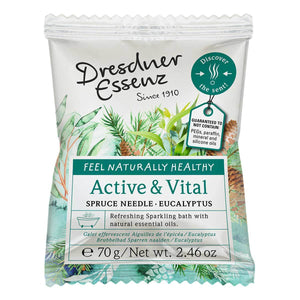 Front view of Dresdner Essenz Active and Vital sparkling bath sachet showcasing spruce needle and eucalyptus botanicals