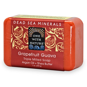 Angled view of Dead Sea Mineral Soap - Grapefruit Guava showcasing red packaging and triple milled soap