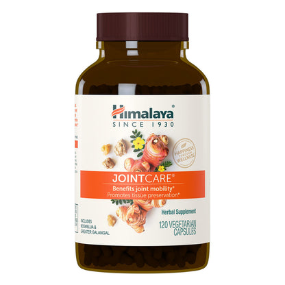Front view of Himalaya JointCare supplement bottle with 120 vegetarian capsules on a white background