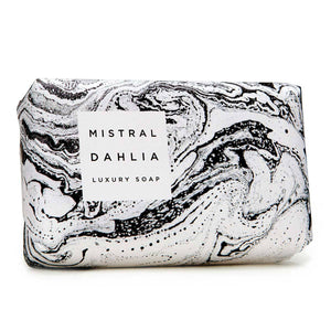 Front view of Mistral Dahlia Marbles bar soap showcasing black and white marbled design on a white background