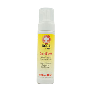 Front view of Koda OmniClean Foaming Dog Shampoo bottle showcasing its pump dispenser on a white background