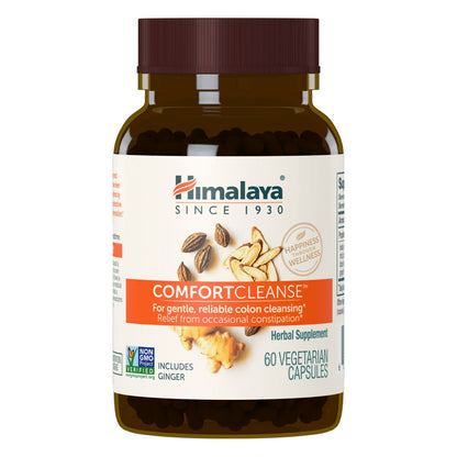 Front view of Himalaya ComfortCleanse bottle showcasing 60 vegetarian capsules and ginger with a white background