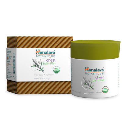 Front view of Himalaya Botanique Chest Balm P.M. showcasing Holy Basil and Turmeric with a white background