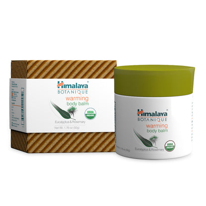Front view of Himalaya Botanique warming body balm showcasing eucalyptus and rosemary packaging with a white background
