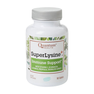 Front view of Quantum Health Super Lysine Plus bottle showcasing immune support tablets with a white background