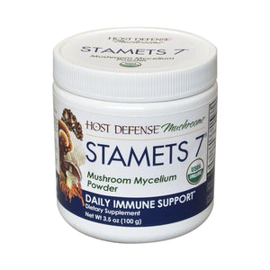 Front view of Stamets 7 powder container showcasing mushroom mycelium powder blend, 3.5 oz (100 g), on white background