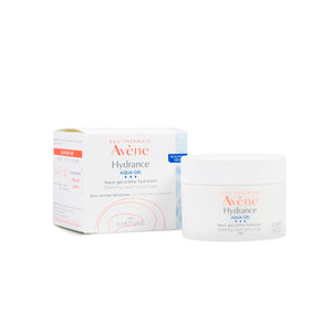 Front view of Eau Thermale Avène Hydrance Aqua Gel showcasing its jar and boxed packaging on a white background
