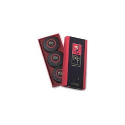 Angled view of Maja box of 3 round soaps showcasing three 140 gram soaps in red and black packaging on a white background
