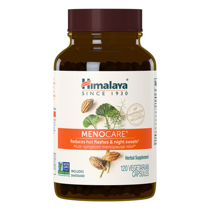 Front view of Himalaya MenoCare bottle showcasing 120 vegetarian capsules with a white background