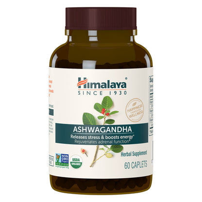 Front view of Himalaya Organic Ashwagandha bottle showcasing 60 caplets with white background